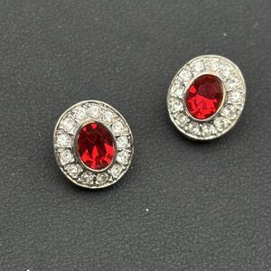 Vintage Italy GA 925 Sterling Silver Red Glass Rhinestone Clip On Earrings Round